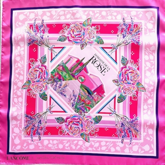 Lancome ROSES SCARF Pink Silk Satin Small Square Scarf V-GRK - Picture 1 of 4